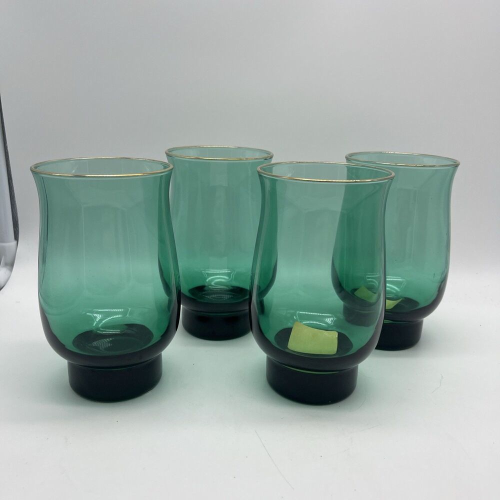 Vintage Juniper Green With Gold Rim 14 Oz Libbey Glasses, set of 4